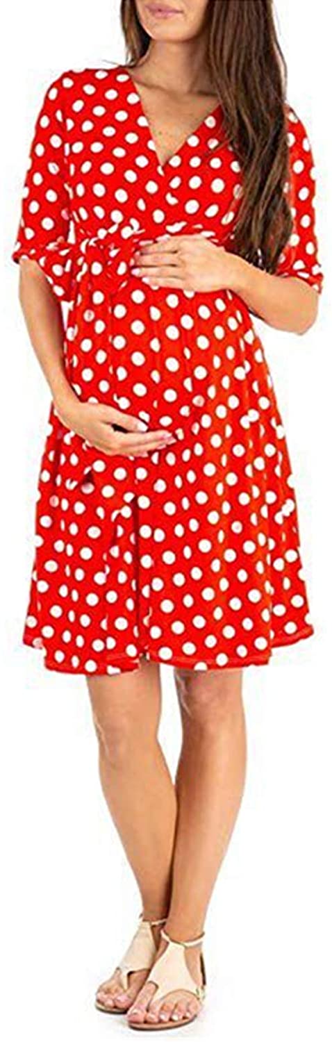 Women's Floral Maternity Wrap Dress Short Length V Neck with Waist Belt