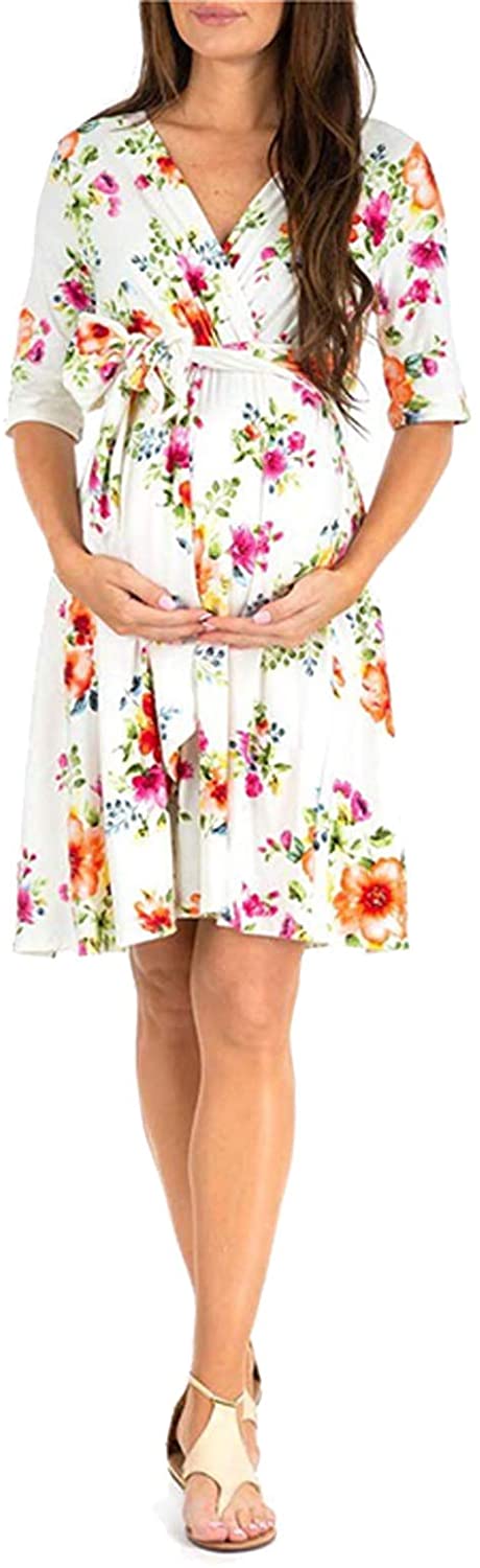 Women's Floral Maternity Wrap Dress Short Length V Neck with Waist Belt