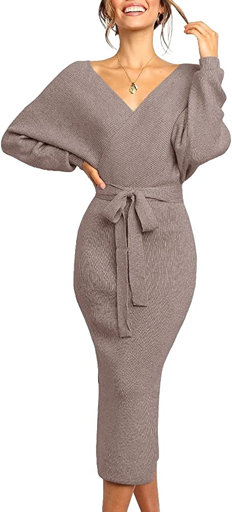 Seindeal Women's Long Maxi Sweater Dresses Sexy Wrap Batwing V Neck Slit Open Back Holiday Bodycon Dress Halloween with Belt
