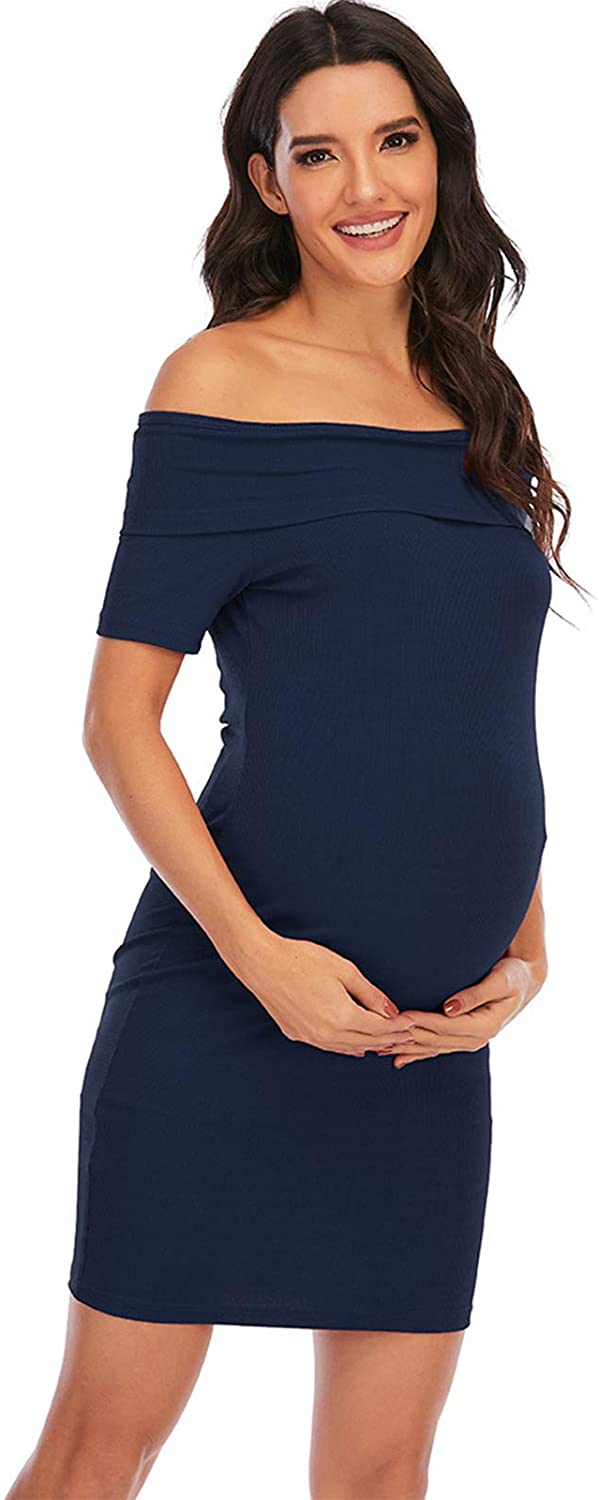 Women's Maternity Dress Off Shoulder Ruffle Sleeveless Bodycon Dress for Baby Shower