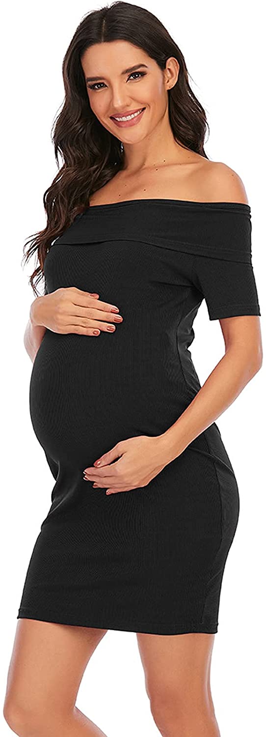 Women's Maternity Dress Off Shoulder Ruffle Sleeveless Bodycon Dress for Baby Shower