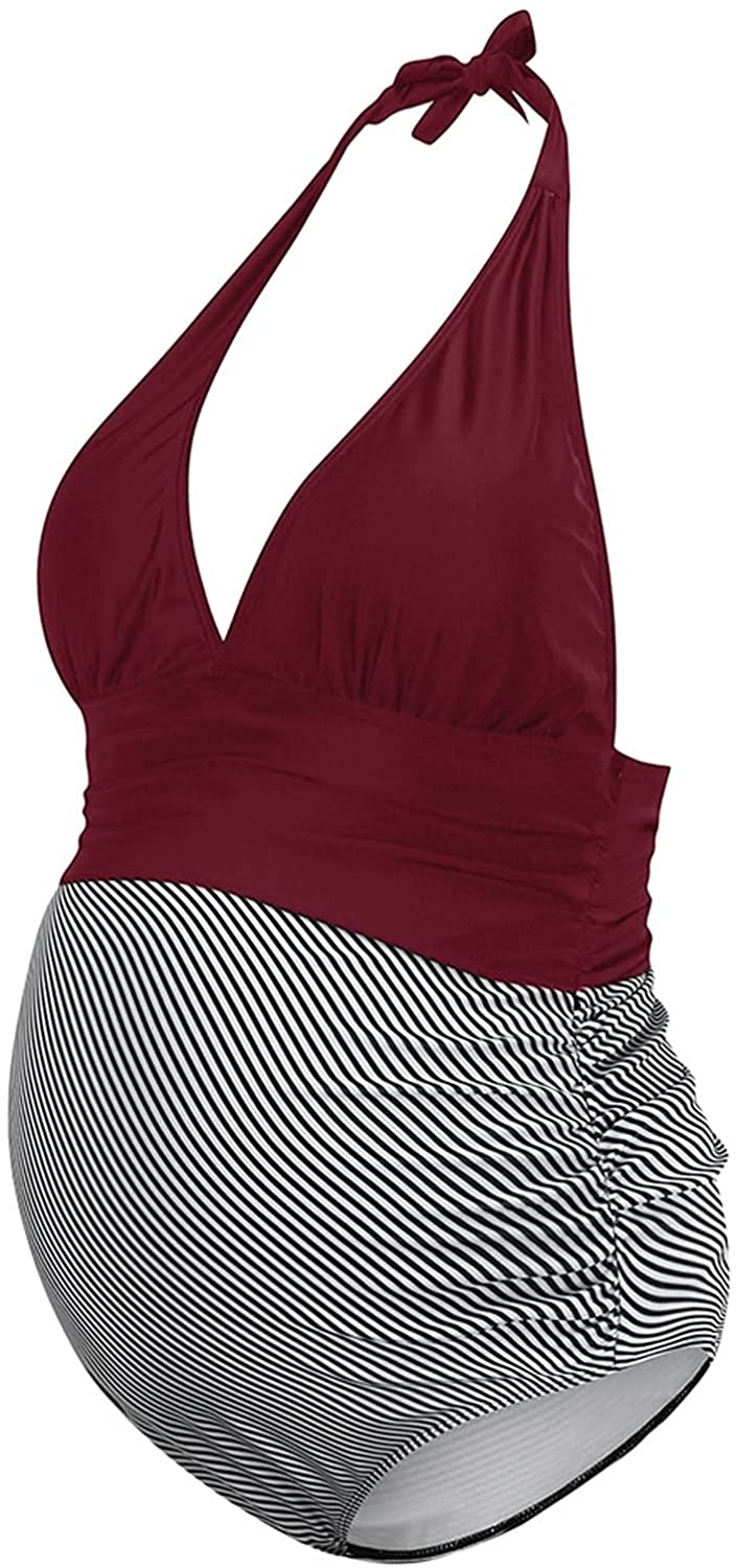 Women One Piece Halter Maternity Swimsuit V Neck Pregnancy Swimwear Soild Striped Patterned Bathing Suit