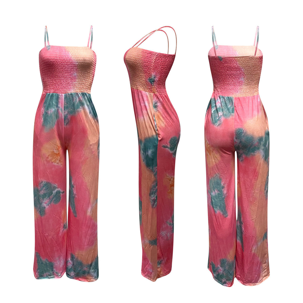 Spaghetti Strap Offshoulder Pleated Tie Dye Maternity Jumpsuit