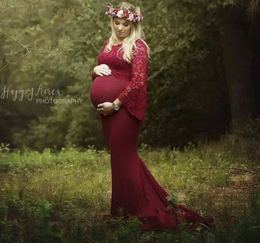 Seindeal Wedding Lace Off Shoulder Mermaid Photoshoot Bell Sleeve Maternity Dress