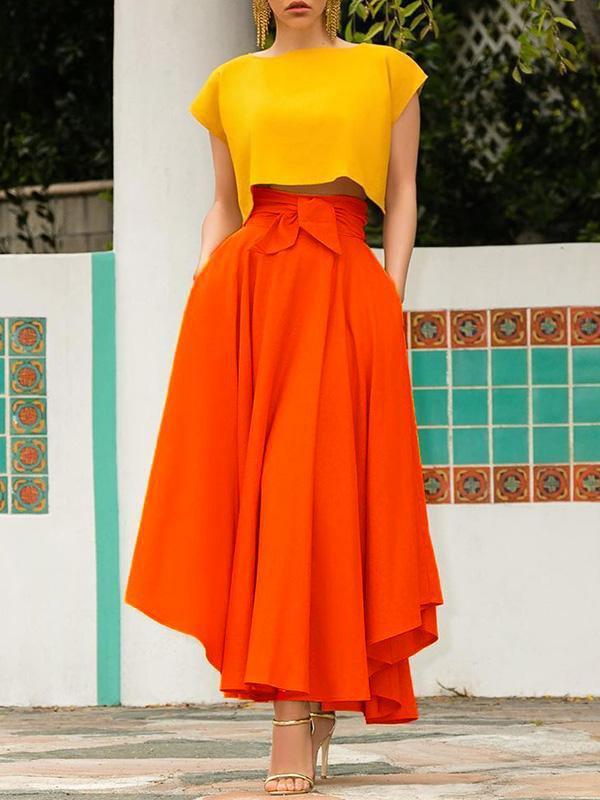 Irregular Pockets Belts High Waist Women Skirts Chiffon Skirt Pleated Skirt