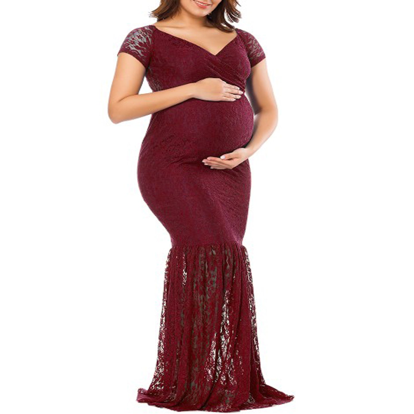Seindeal Boho Pink Lace Plus Size Maternity Dress Cheap Pleated Bodycon Mermaid Maxi Dress for Photoshoot