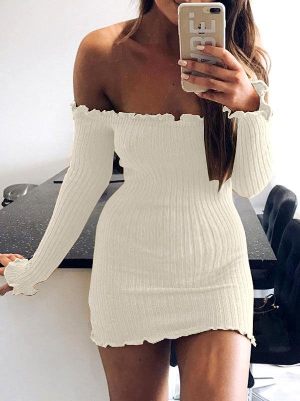 Solid Off Shoulder Wavy Edge Long Sleeve Maternity Sweater Mini Dress