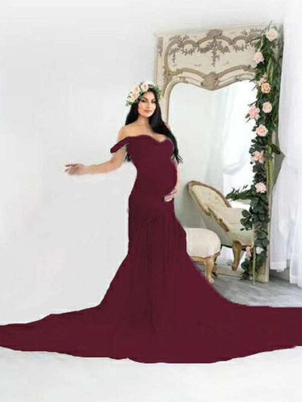 Seindeal Patchwork Off Shoulder Mermaid Baby Shower Maternity Maxi Dress