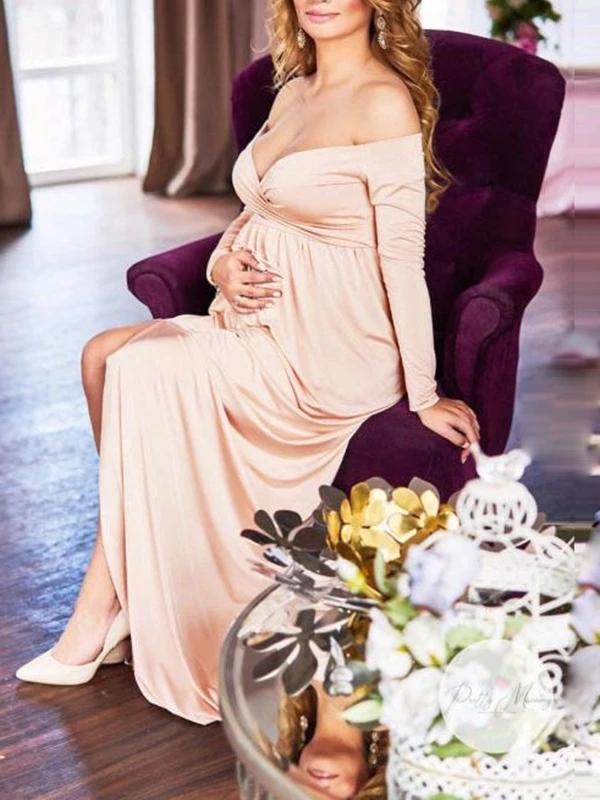 Off Shoulder Slit Long Sleeve Maternity For Babyshower Maxi Dress