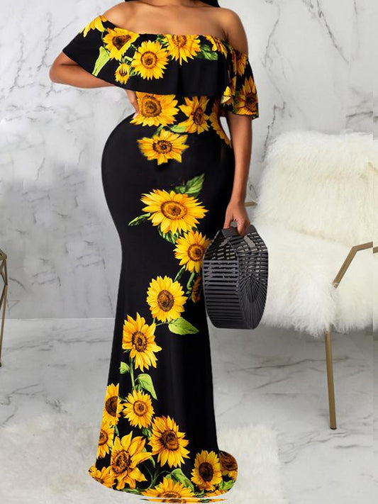 Sunflowers Off Shoulder Bodycon Mermaid Prom Maternity Maxi Dress
