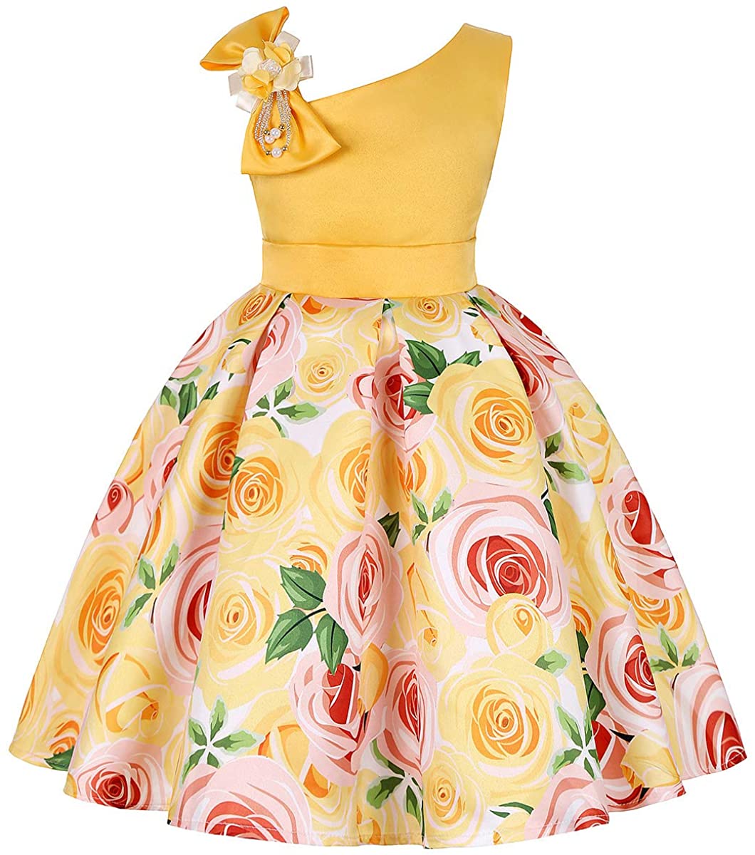Girls Flower Dresses One Shoulder with Bowknot Princess Gown for Wedding Birthday Party 2-10Years