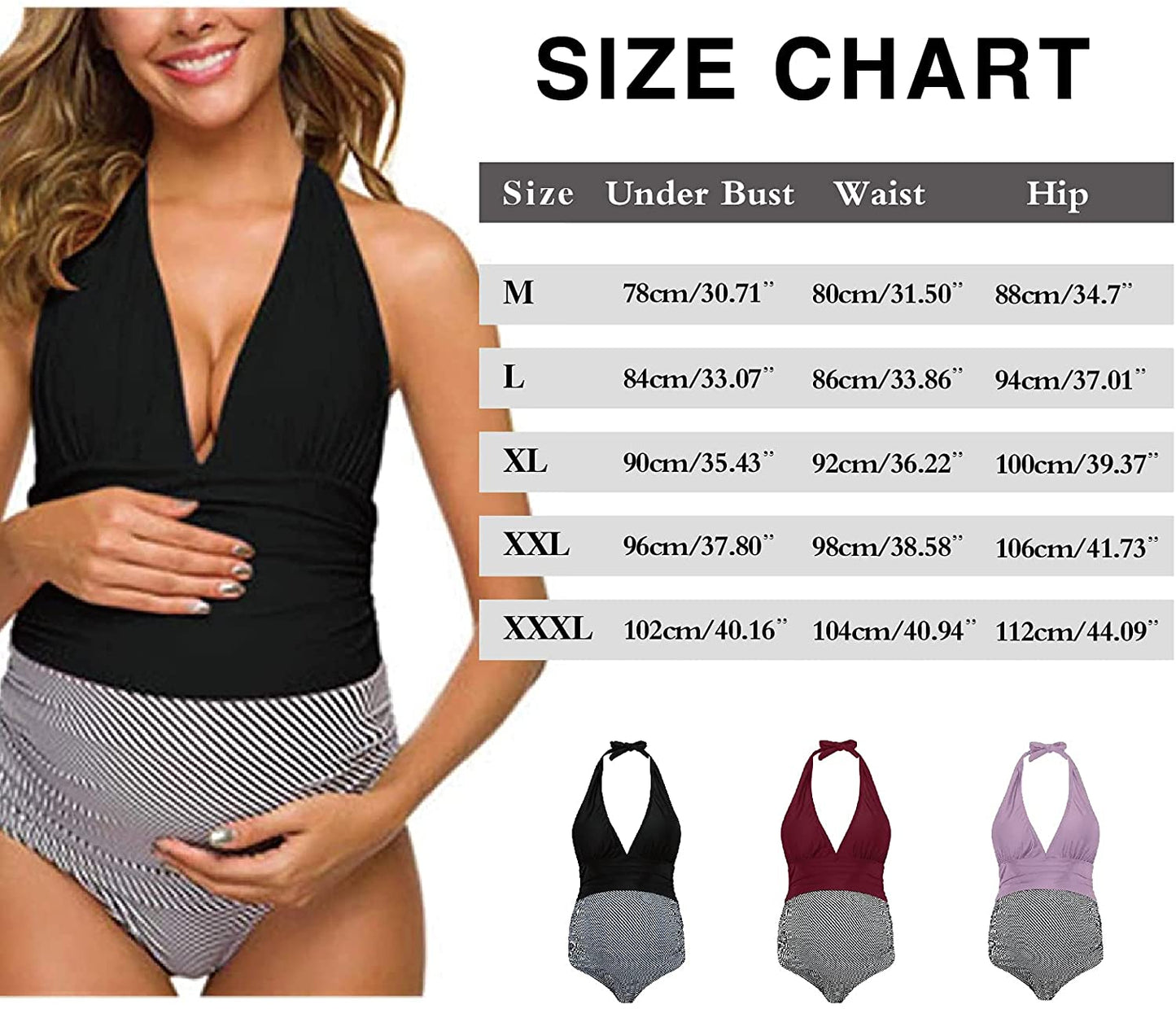 Women One Piece Halter Maternity Swimsuit V Neck Pregnancy Swimwear Soild Striped Patterned Bathing Suit