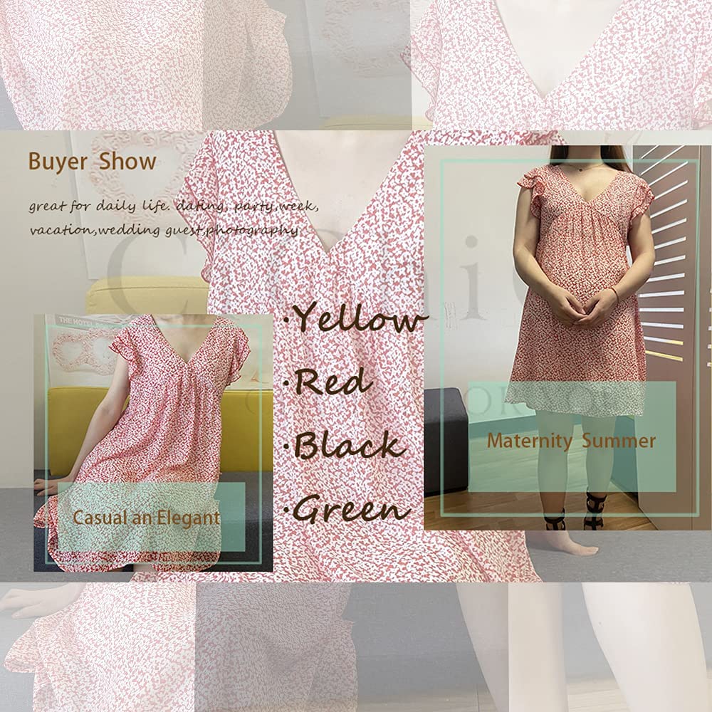 Women Floral Maxi Dress Short Sleeve V Neck Ruffle Mini Boho Sun Dress Loose Flowy Swing Maternity Dress Summer Coctail Party