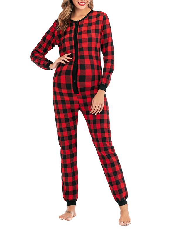 Seindeal Buffalo Plaid Buttons Christmas Long Sleeve Maternity Pajama Long Jumpsuit