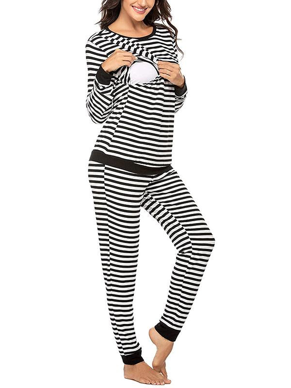 Striped Round Neck Long Sleeve Nursing Maternity Long Pajama Set