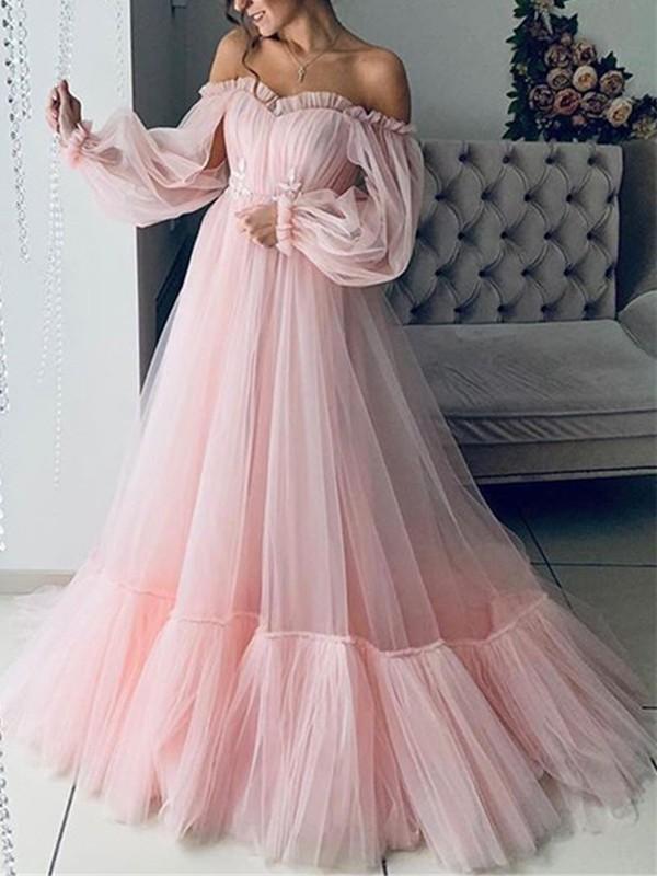 Lace Mesh Off Shoulder Boat Neck Long Sleeve A-Line Maxi Dress Women Fashion Ball Gown Evening Dress Tulle Dress