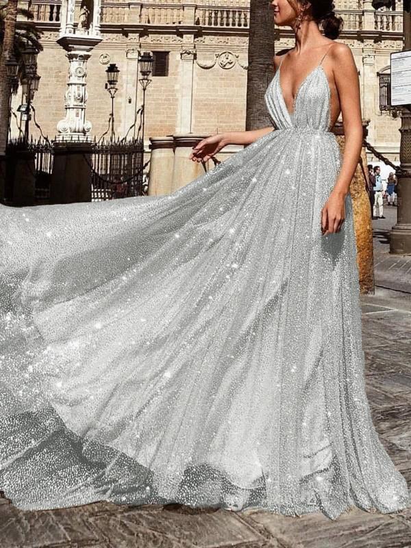 Seindeal Spaghetti Straps Sequins Glitter V-Neck Train Backless Elegant Maxi Dress Evening Dress Women Fashion