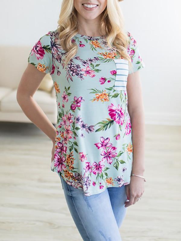 Floral Pockets Comfy Round Neck Short Sleeve Maternity T-Shirt