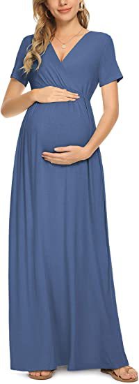 Seindeal Draped V-neck Short Sleeve Elegant Maxi Maternity Dress