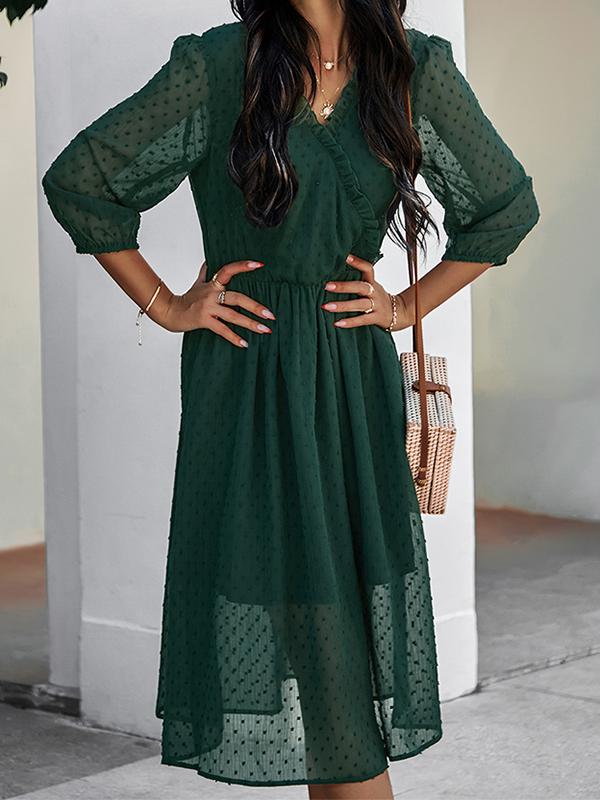 Solid Color Ruffle Mesh V-Neck Half-Length Midi Dresses Women Fashion Elegant Dress