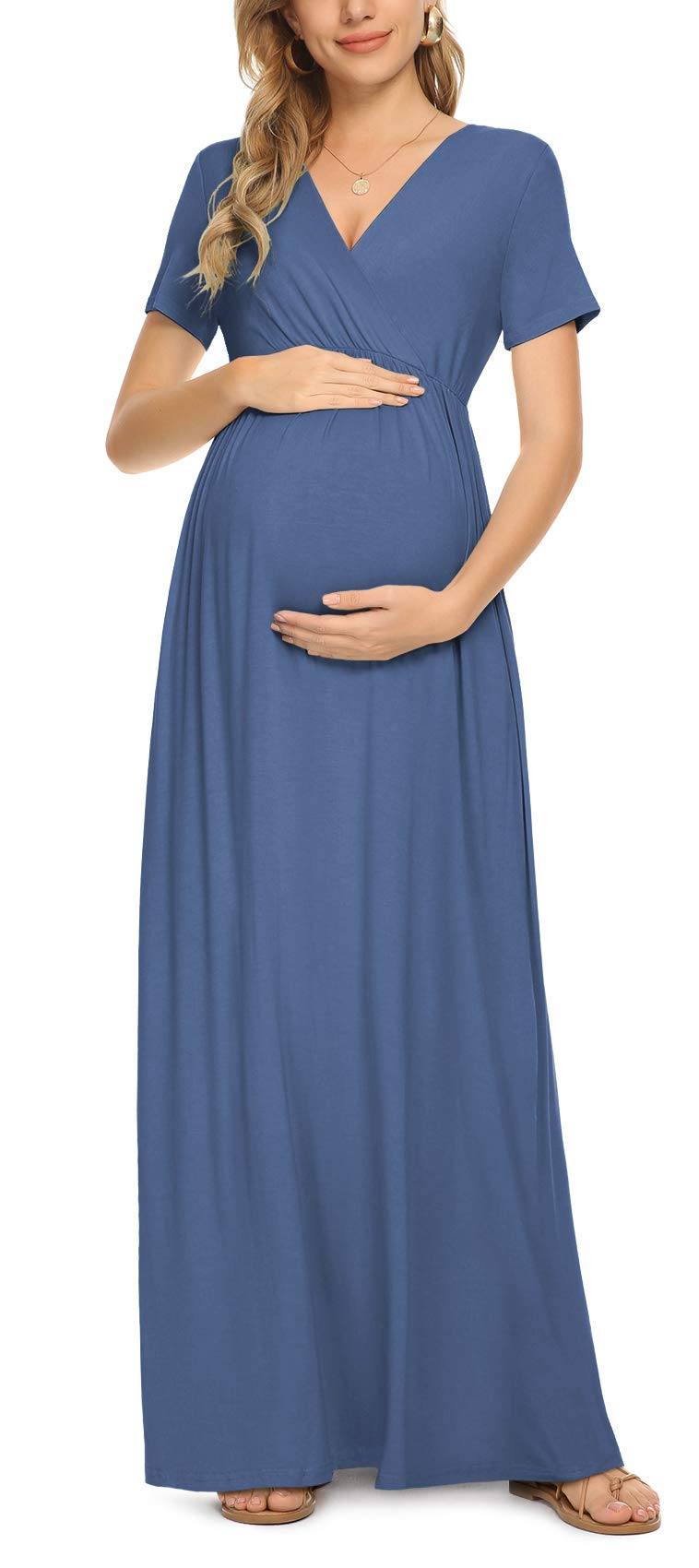 Seindeal Draped V-neck Short Sleeve Elegant Maxi Maternity Dress