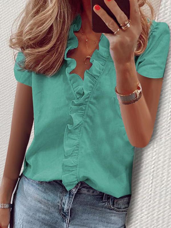 Ruffle V-Neck Short Sleeve Ladies Blouses