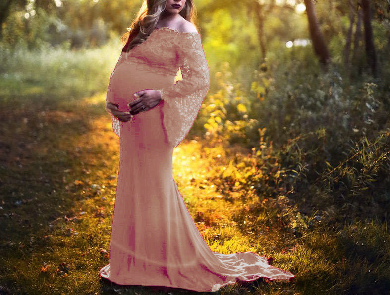Seindeal Wedding Lace Off Shoulder Mermaid Photoshoot Bell Sleeve Maternity Dress