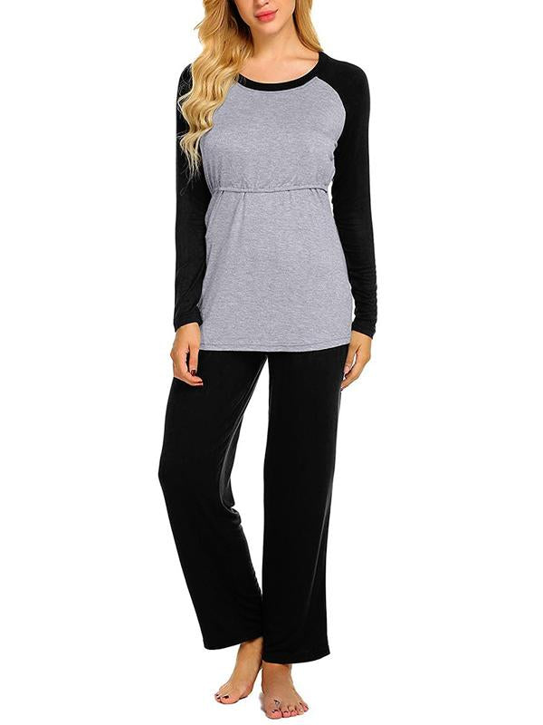 Seindeal Solid Round Neck Long Sleeve Maternity Nursing Pajama Set