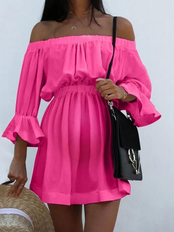 Solid Off Shoulder Ruffle High Waisted Long Sleeve Sweet Maternity Mini Dress