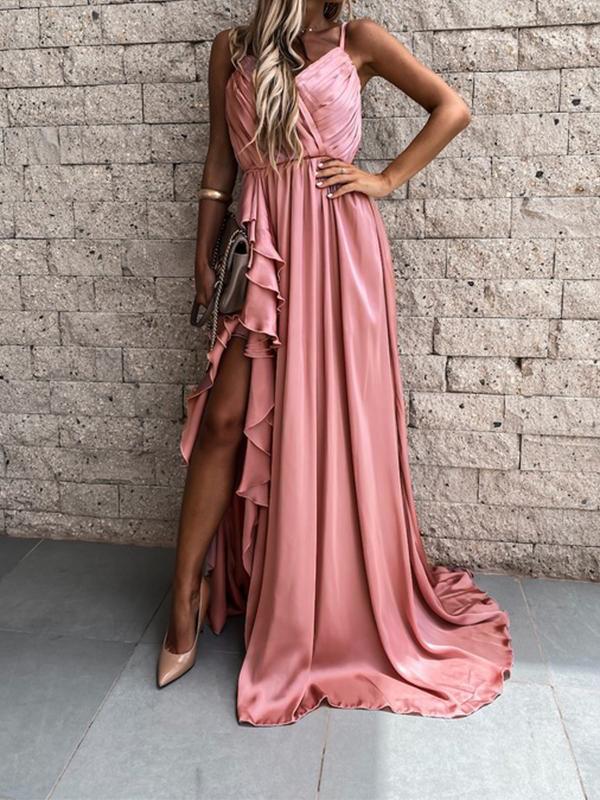 Solid Color Pleated Side Slit V-Neck Spaghetti Straps Maxi Dresses Women Fashion Elegant Dress