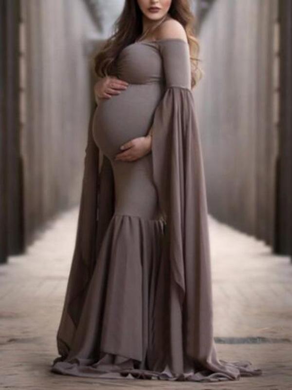 Off Shoulder Mermaid Flare Sleeve Photo Shoot Elegant Maternity Dress