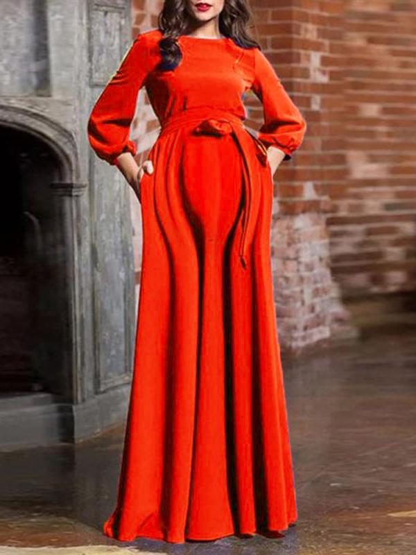 Solid Color Belt Long Sleeve Babyshower Maternity Elegant Maxi Dress