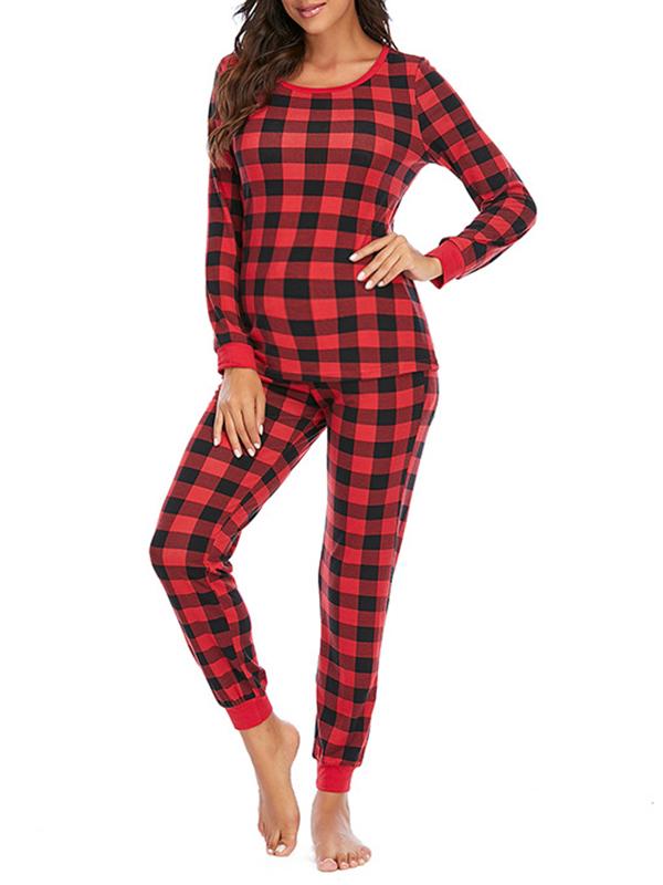 Buffalo Plaid Round Neck Long Sleeve Maternity Long Pajama Set