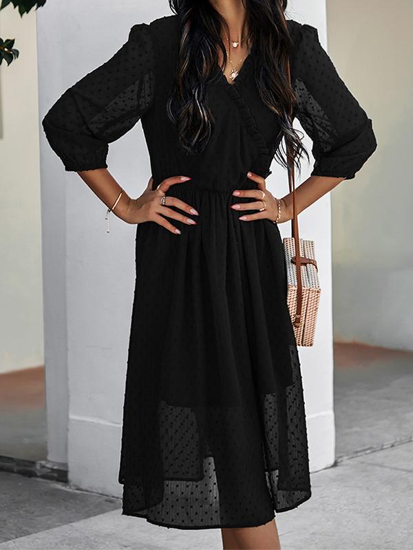 Solid Color Ruffle Mesh V-Neck Half-Length Midi Dresses Women Fashion Elegant Dress