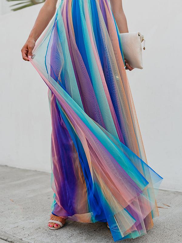 Seindeal Rainbow Shoulder-Strap Grenadine V-neck Maternity for BabyShower Maxi Dress