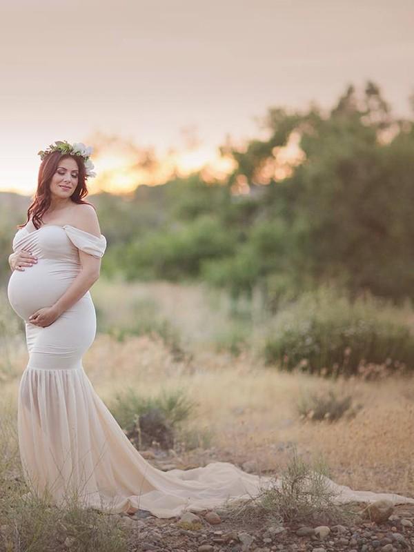 Seindeal Off Shoulder Mermaid White Maternity Dress for Photoshoot Bodycon Maxi