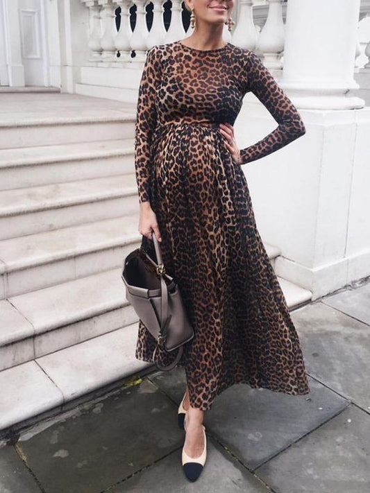 Leopard Print Round Neck Long Sleeve High Waisted Party Maternity Dress