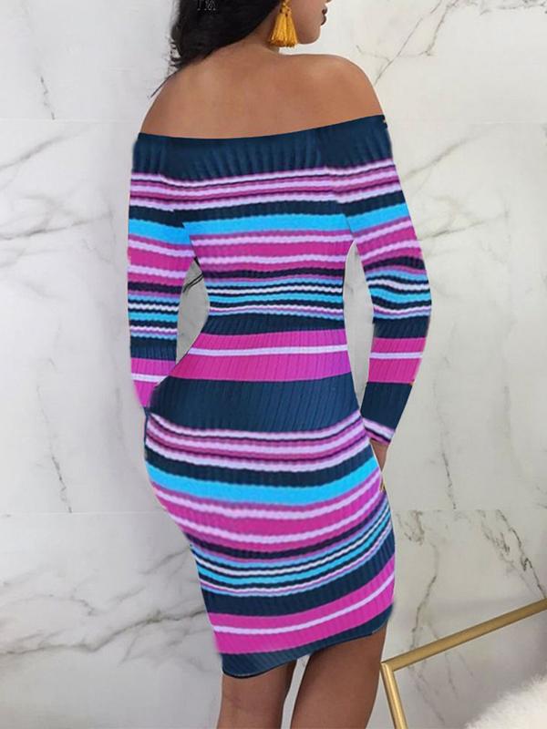 Striped Off Shoulder Fitted Long Sleeve Maternity Casual Sweater Midi Dress