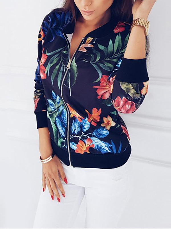 Flowers Colorful Zipper Casual Blouson Bomber Jacket Aviator Jacket Short Women Fashion