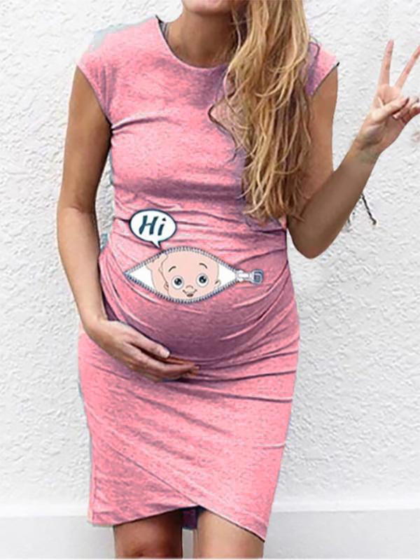 Seindeal Baby Print Round Neck Short Sleeve Mini Maternity Bodycon Dress Blue and Pink