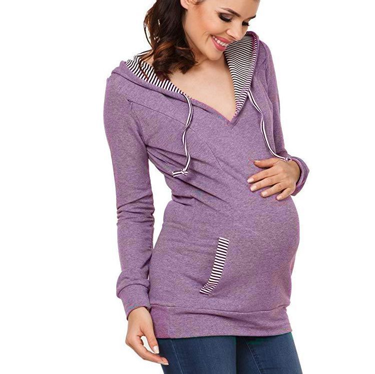 Seindeal Patchwork Breast Feeding Hooded Maternity Pullover Sweatshirt