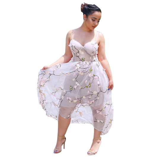 Flowers Sheer Grenadine Embroidery Condole Belt Maternity Maxi Dress