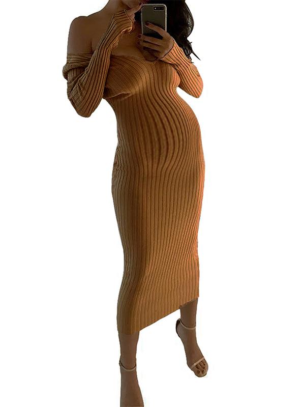 Off Shoulder Fitted V-neck Long Sleeve Maternity Sweater Maxi Dress