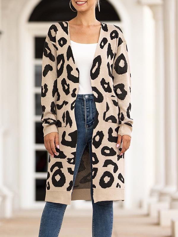 Leopard Pockets Long Sleeve Oversized Sweater Cardigan Coat