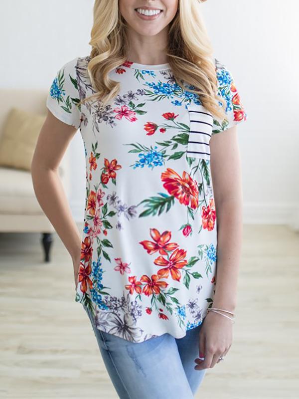 Floral Pockets Comfy Round Neck Short Sleeve Maternity T-Shirt