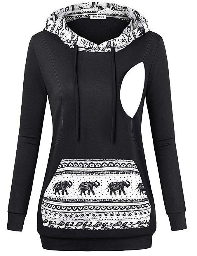 Seindeal Patchwork Breast Feeding Hooded Maternity Pullover Sweatshirt