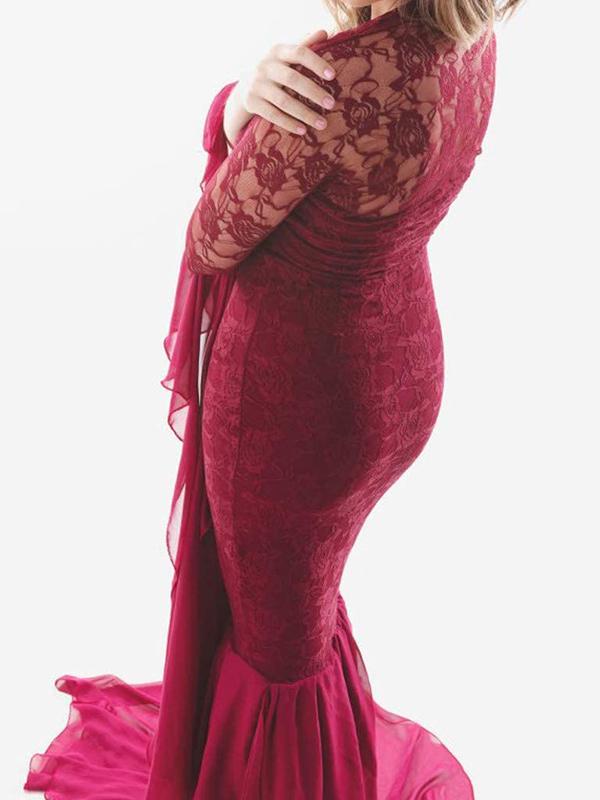 Seindeal Red Lace Maternity Photoshot Dress Mermaid Maxi Bandeau Chiffon
