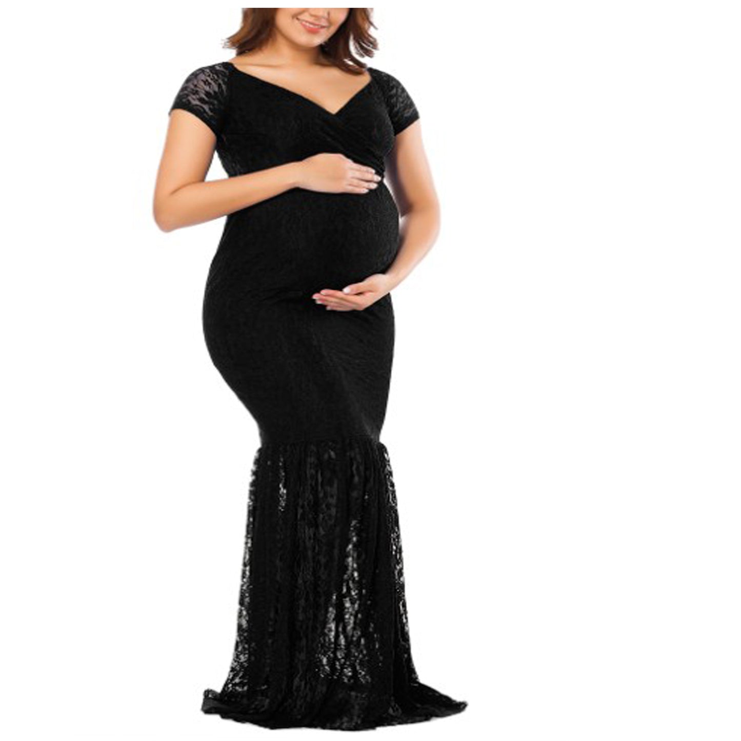 Seindeal Boho Pink Lace Plus Size Maternity Dress Cheap Pleated Bodycon Mermaid Maxi Dress for Photoshoot