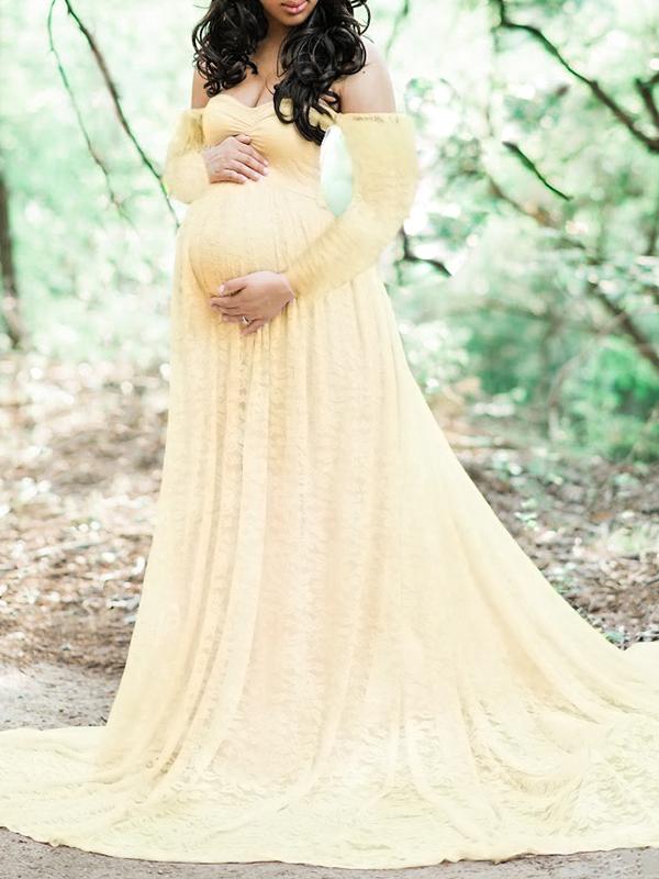 Lace Off Shoulder Long Sleeve Baby Shower Maternity Photoshoot Maxi Dress