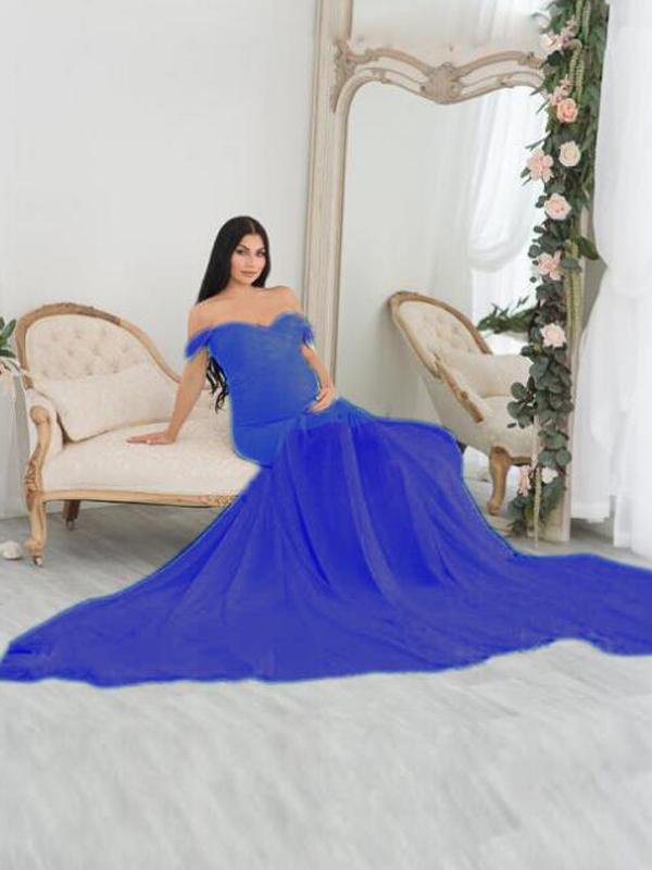 Seindeal Patchwork Off Shoulder Mermaid Baby Shower Maternity Maxi Dress